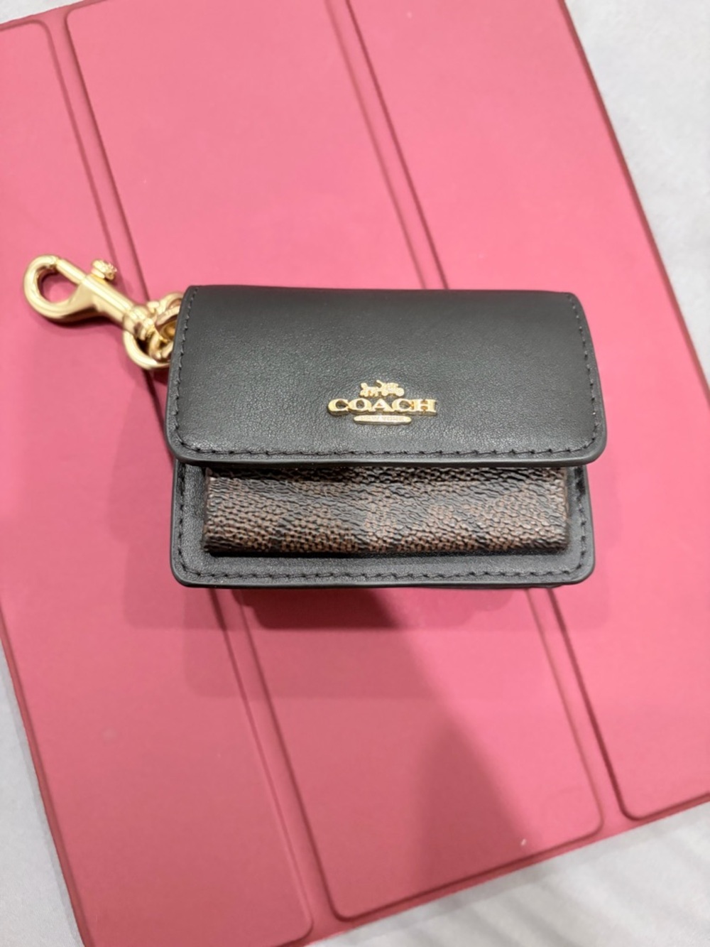 Coach Black Leather & Brown Signature Card Case Key Fob